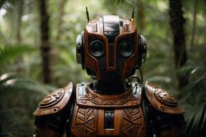 a robot standing in the middle of a forest photo