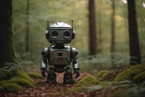 a robot standing in the middle of a forest photo