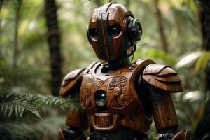 a robot standing in the middle of a forest photo