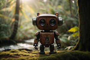 a robot standing in the middle of a forest photo