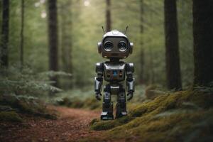 a robot standing in the middle of a forest photo