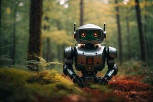 a robot standing in the middle of a forest photo