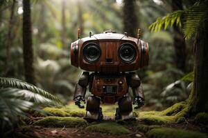 a robot standing in the middle of a forest photo