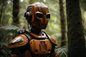 a robot standing in the middle of a forest photo