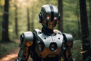 a robot standing in the middle of a forest photo