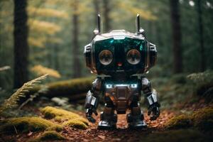 un robot en pie en el medio de un bosque foto