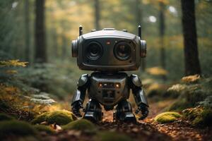 a robot standing in the middle of a forest photo