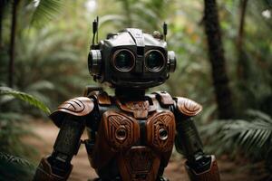 a robot standing in the middle of a forest photo