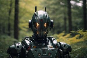 a robot standing in the middle of a forest photo