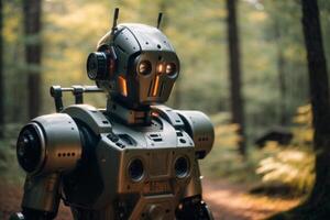 a robot standing in the middle of a forest photo