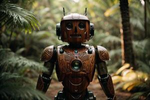 a robot standing in the middle of a forest photo