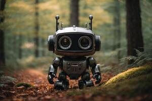 un robot en pie en el medio de un bosque foto