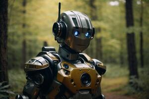 a robot standing in the middle of a forest photo