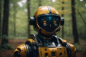 a robot standing in the middle of a forest photo