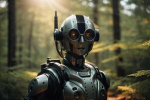 a robot standing in the middle of a forest photo
