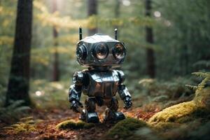 a robot standing in the middle of a forest photo