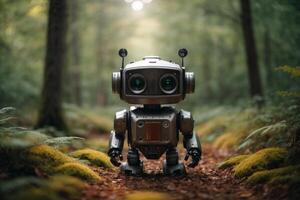 un robot en pie en el medio de un bosque foto