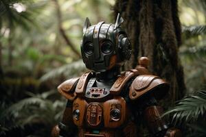 a robot standing in the middle of a forest photo