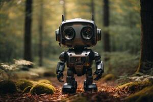 a robot standing in the middle of a forest photo