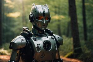 a robot standing in the middle of a forest photo