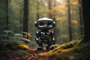 un robot en pie en el bosque foto