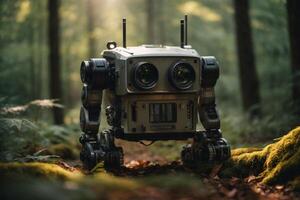 un robot en pie en el medio de un bosque foto