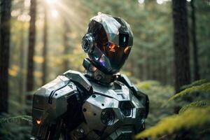 a robot standing in the woods photo