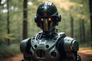 a robot standing in the woods photo