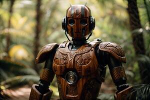 a robot standing in the woods photo