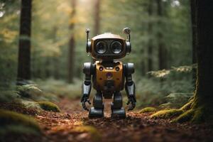 un robot en pie en el bosque foto