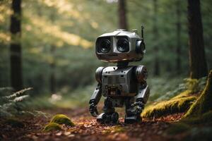 un robot en pie en el bosque foto