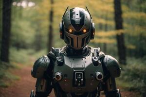 a robot standing in the woods photo