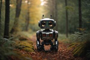 a robot standing in the woods photo