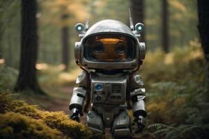 un robot en pie en el bosque foto