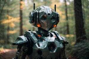 a robot standing in the woods photo