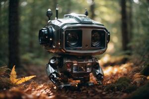 un robot en pie en el bosque foto