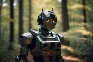 un robot en pie en el bosque foto