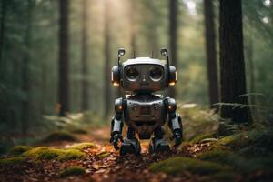 un robot en pie en el bosque foto