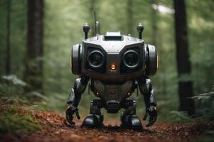 un robot en pie en el bosque foto