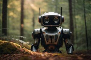 a robot standing in the woods photo