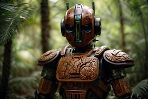 a robot standing in the woods photo