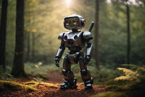 un robot en pie en el bosque foto