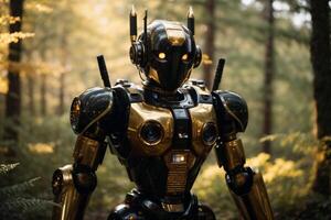 a robot standing in the woods photo