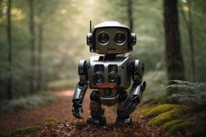 a robot standing in the woods photo