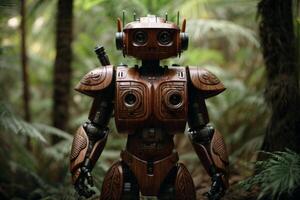 a robot standing in the woods photo