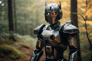 un robot en pie en el bosque foto