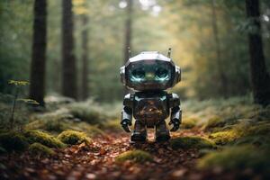 a robot standing in the woods photo