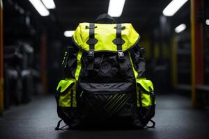 a backpack with neon yellow and black stripes photo