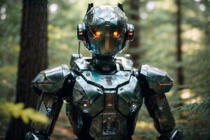 a robot standing in the woods photo