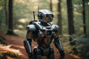 un robot en pie en el bosque foto